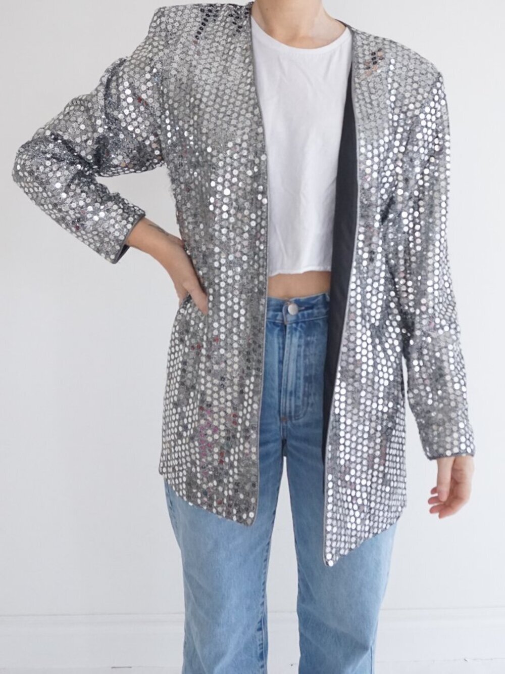Vintage Lucille Faucher Silver Sequin Open Front Evening Party Blazer Jacket M